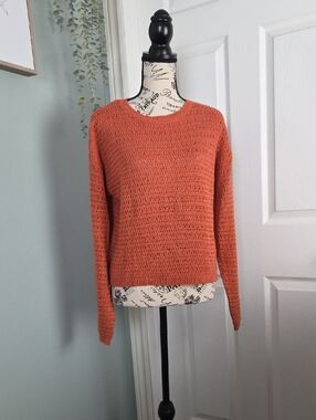 Madison + Hudson Cozy Open-Knit Cropped Crewneck Sweater - Rust Orange